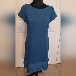 Talbots Teal Blue Green Short Sleeve Ruffle Pleated Hem Dress. SIZE 8P